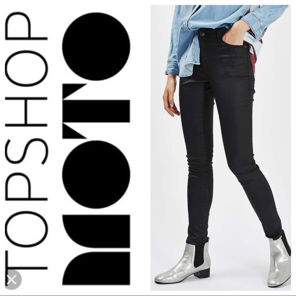 TopShop High Rise Moto Coated Leigh in Bla…